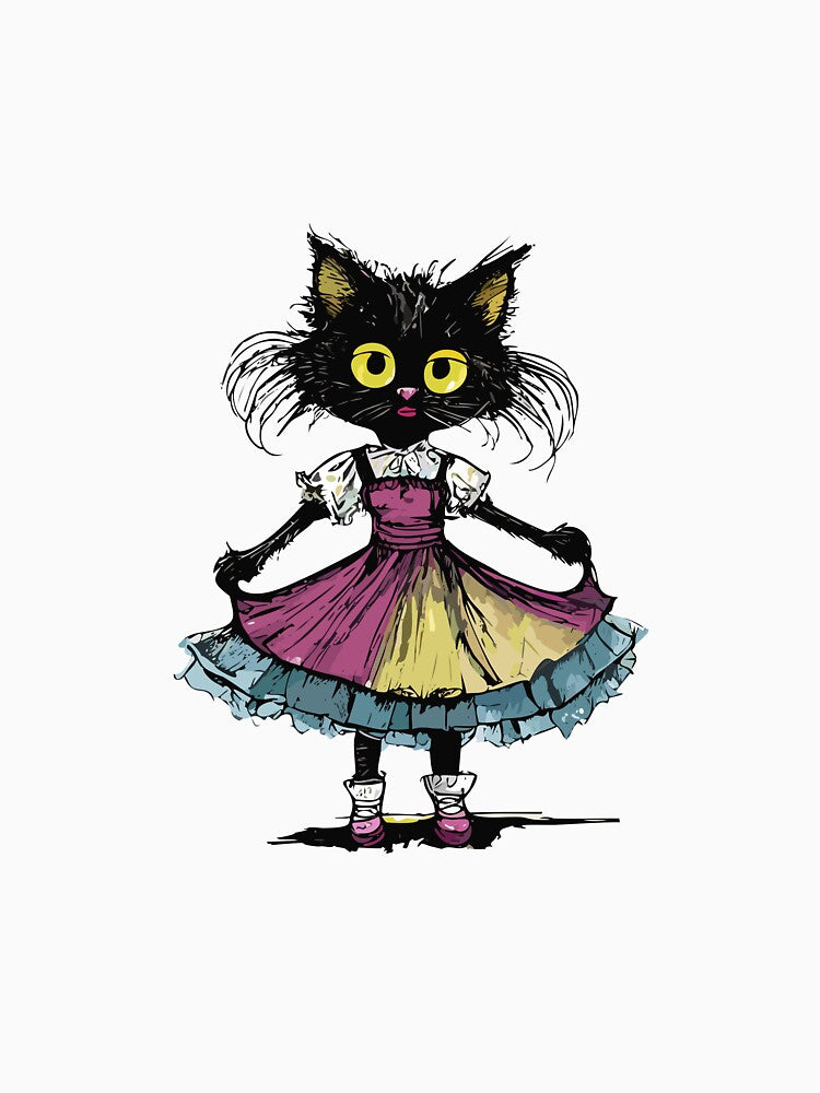 small black cat grumpy with thin legs in a dress by Firas Aljazzar