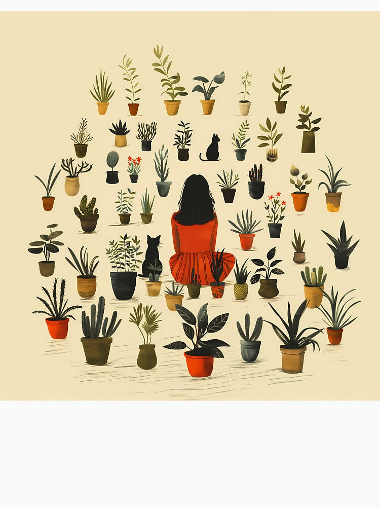 Girl with Cats and Plants – Cozy Botanical Illustration by PostcardsfromtheLaundromat