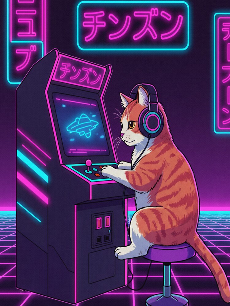 Synthwave Arcade Cat Retro 90s Anime by Neko-Doodle-co