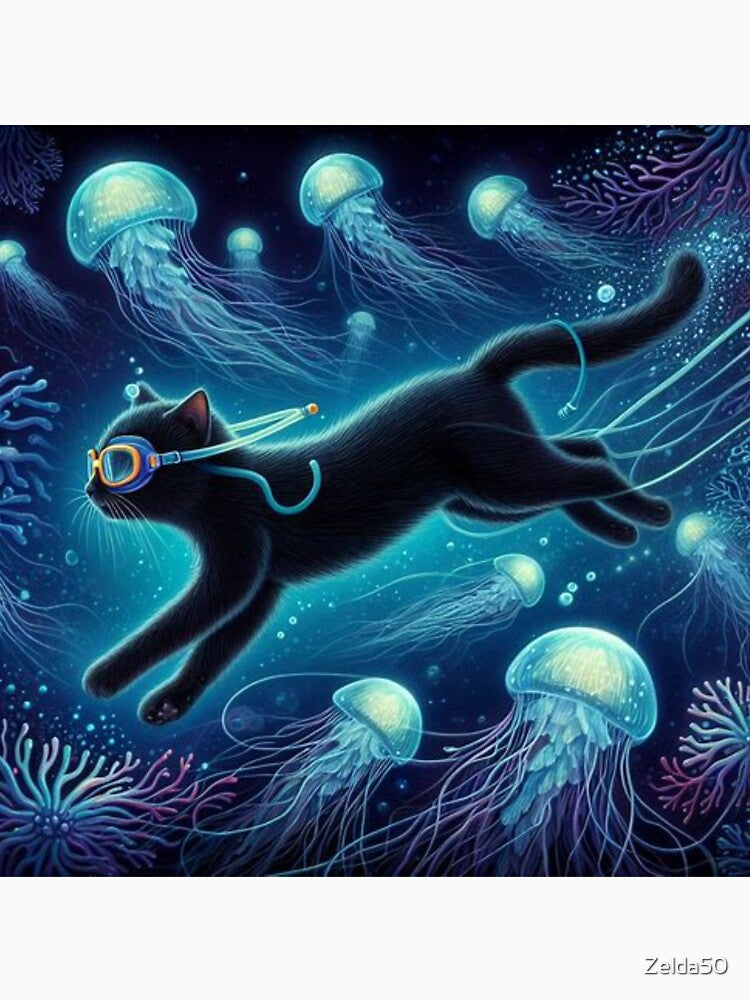 dance of the jellyfish during a black cat's swim by Zelda50