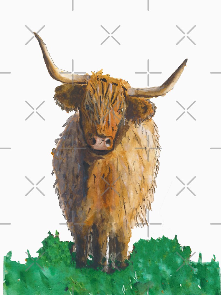 Fluffy highland cow in field by Sam Hill