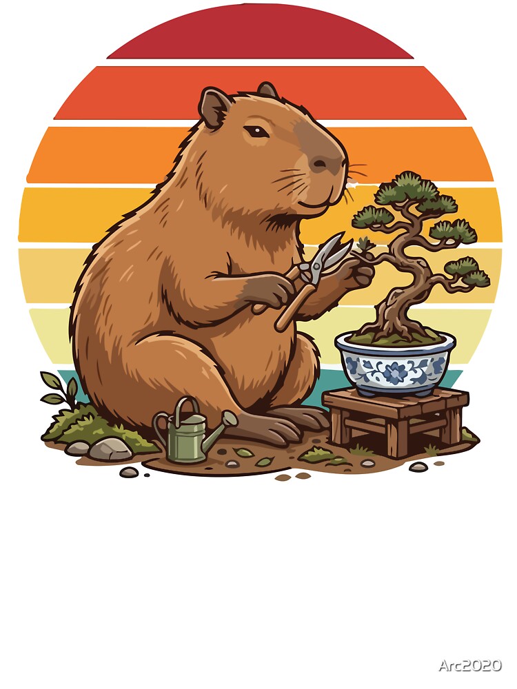 Retro Sunset Capybara Gardening Bonsai Tree by Arc2020