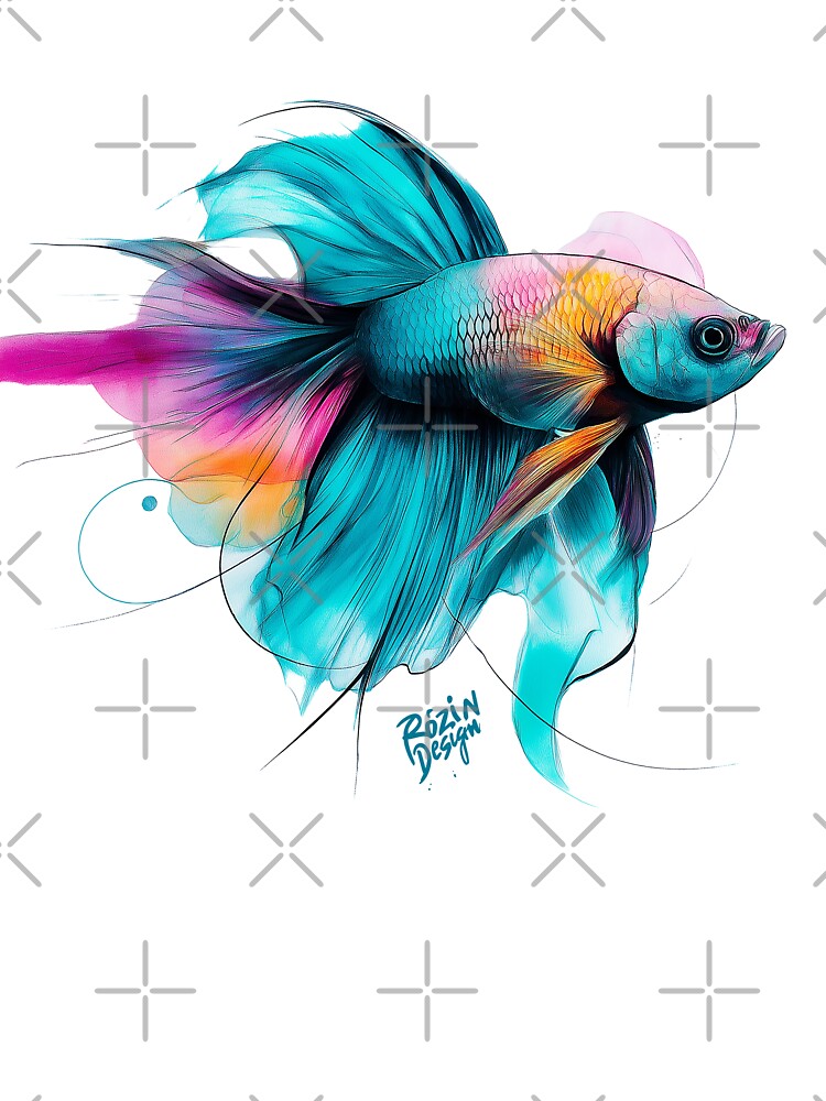 Neon Betta Fish – Turquoise Pink Vibrant Aquatic Line Art by Rozin-Design