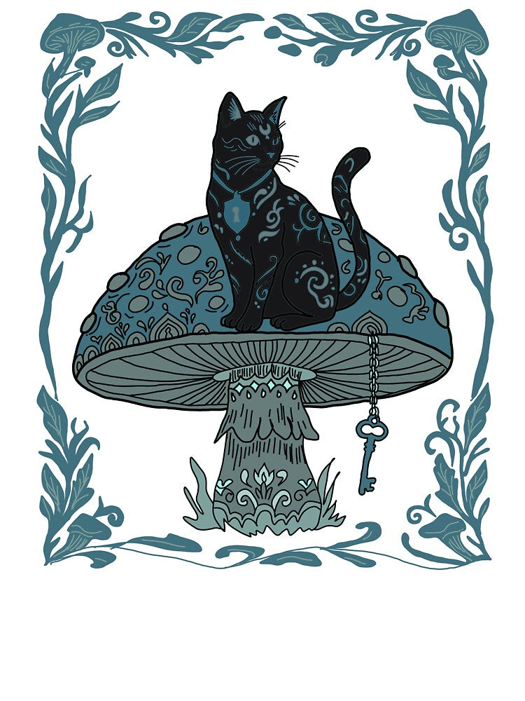 Black Cat on Magic Mushroom Whimsigoth Folk Art by LeshanArt