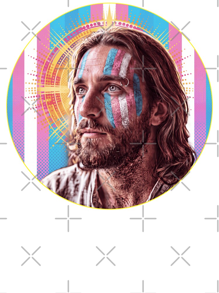 Progressive Christian Jesus painted colors of trans flag by JesusQueer
