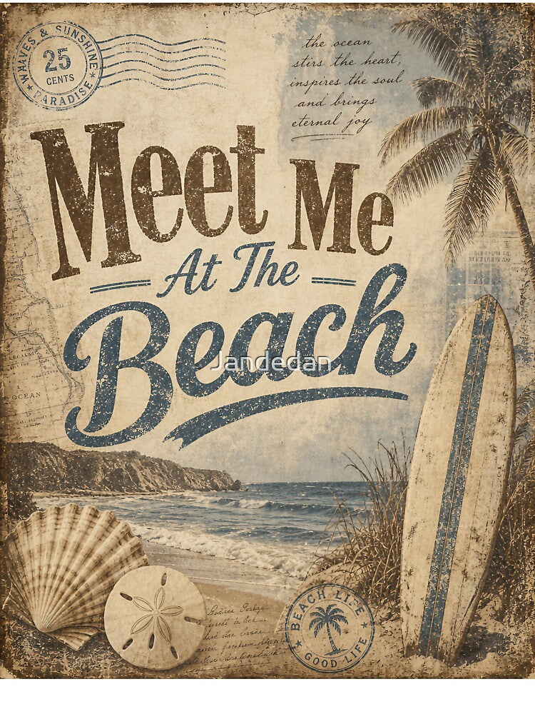 Meet Me At The Beach — Vintage Sepia Collage, Distressed Tritone Beach Graphic by Jandedan