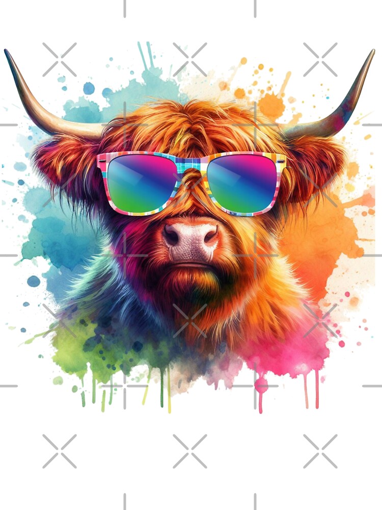 Scottish Highland Cow in Sunglasses Colorful Watercolor by MaedK