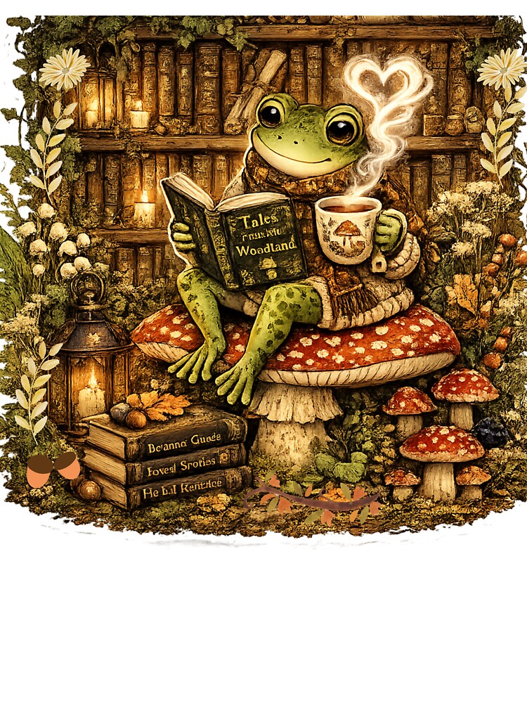 Cute Cozy Frog Reading Book on Mushroom by Meda2