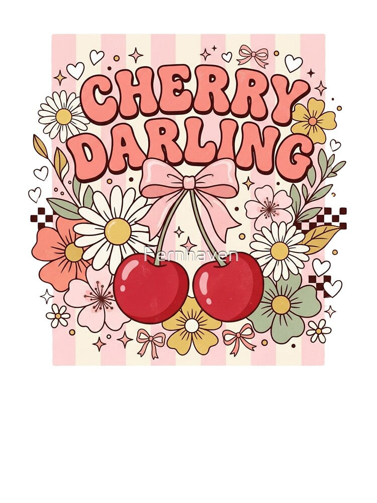 Cherry Darling | Coquette Cherry Aesthetic | Cute Retro Bows & Daisies by Fernhaven