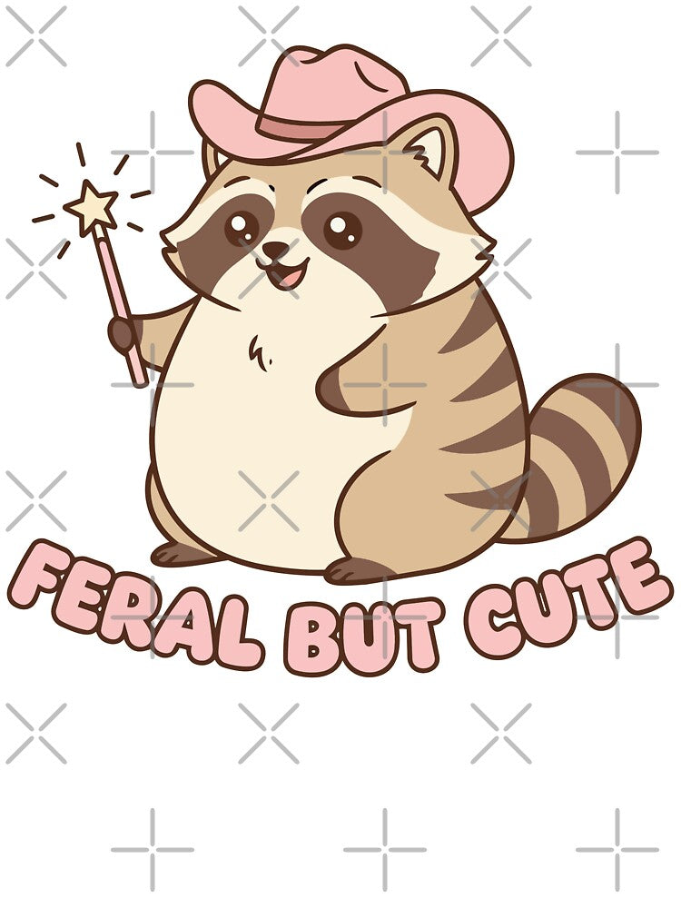 "Feral But Cute" Funny Raccoon Graphic - Pink Cowboy Hat Kawaii Trash Panda - Chaotic Aesthetic Art by BestChoiceService