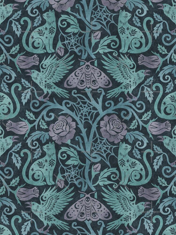 Ornate Gothic Cats Ravens Moths And Roses In Blue and Purple on Charcoal by EliveraDesigns
