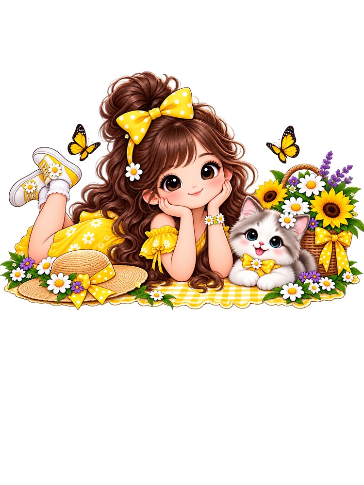 Cute Girl and Cat Summer Picnic by Reshmakhan