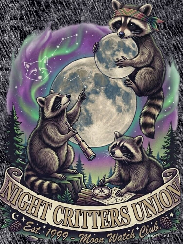 Three Raccoons Howling at Moon Retro Graphic Tee - Night Critters Union by Nurseenstore