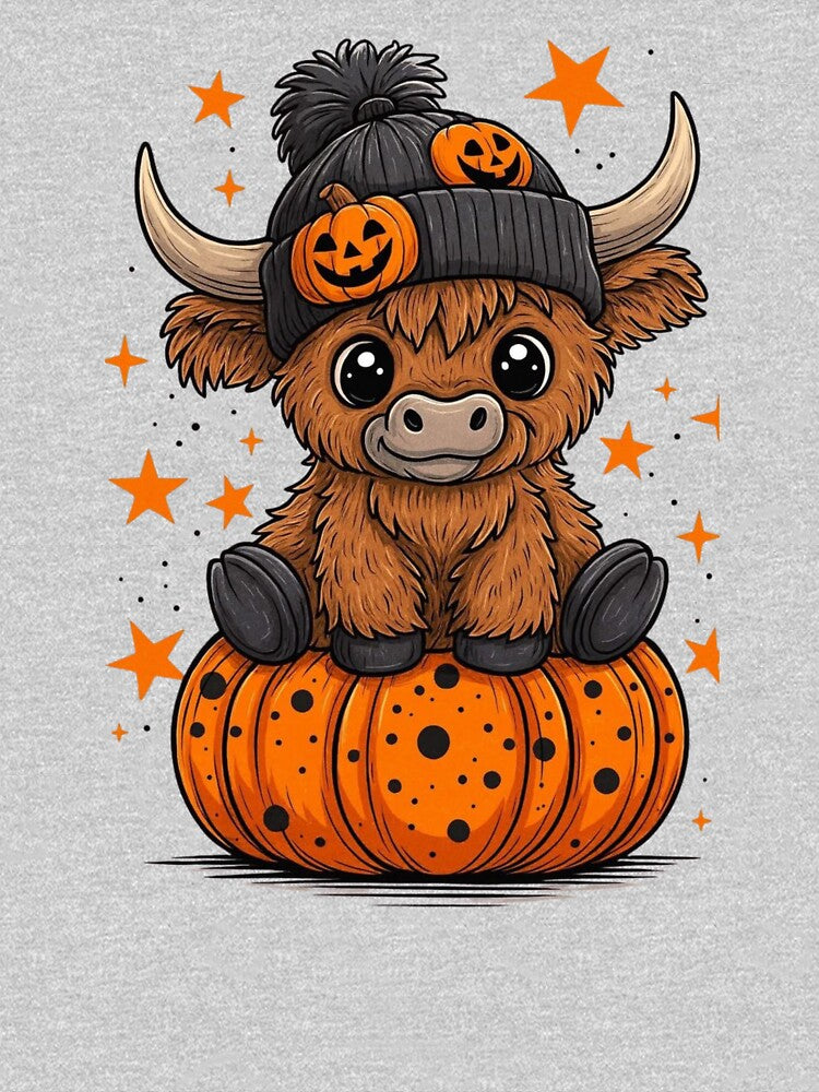 Cute Halloween Highland Cow with Pumpkin – Kawaii Spooky Cow by anemiche