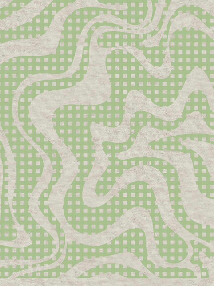 Retro Liquid Swirl Abstract Gingham Check Pattern Light Sage Green and Cream by kierkegaard