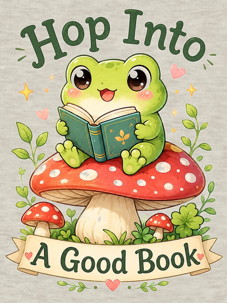 Hop Into A Good Book – Cute Frog Reading on Mushroom by MotylekAnia