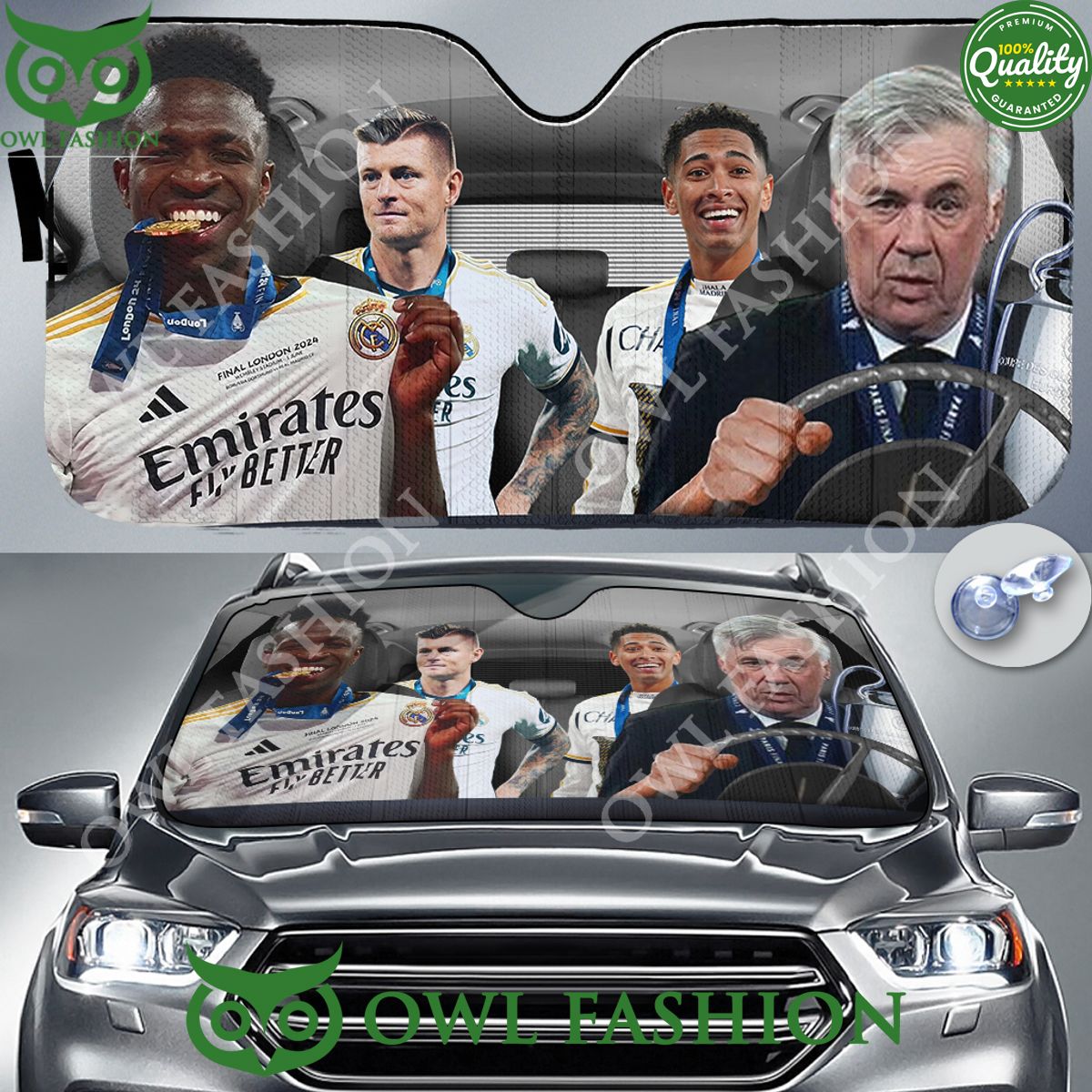 Real Madrid FC Road to Victory Champions league 2024 Carlo Ancelotti Drives Auto Sun Shade