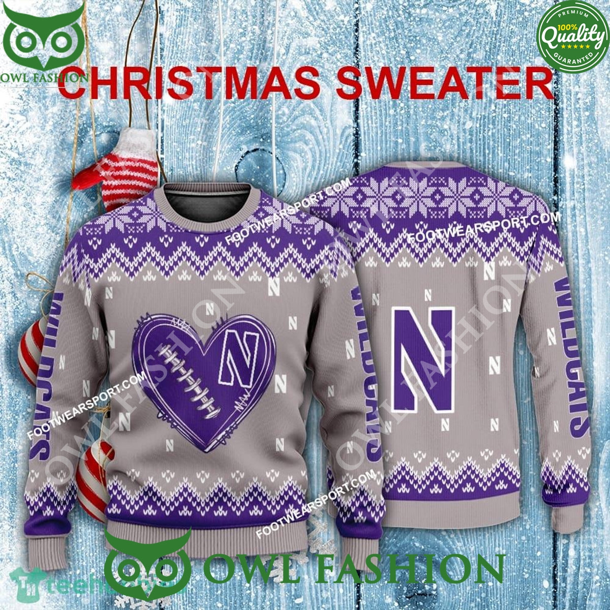 Logo Pattern Heart Football Northwestern Wildcats Christmas Ugly Sweater