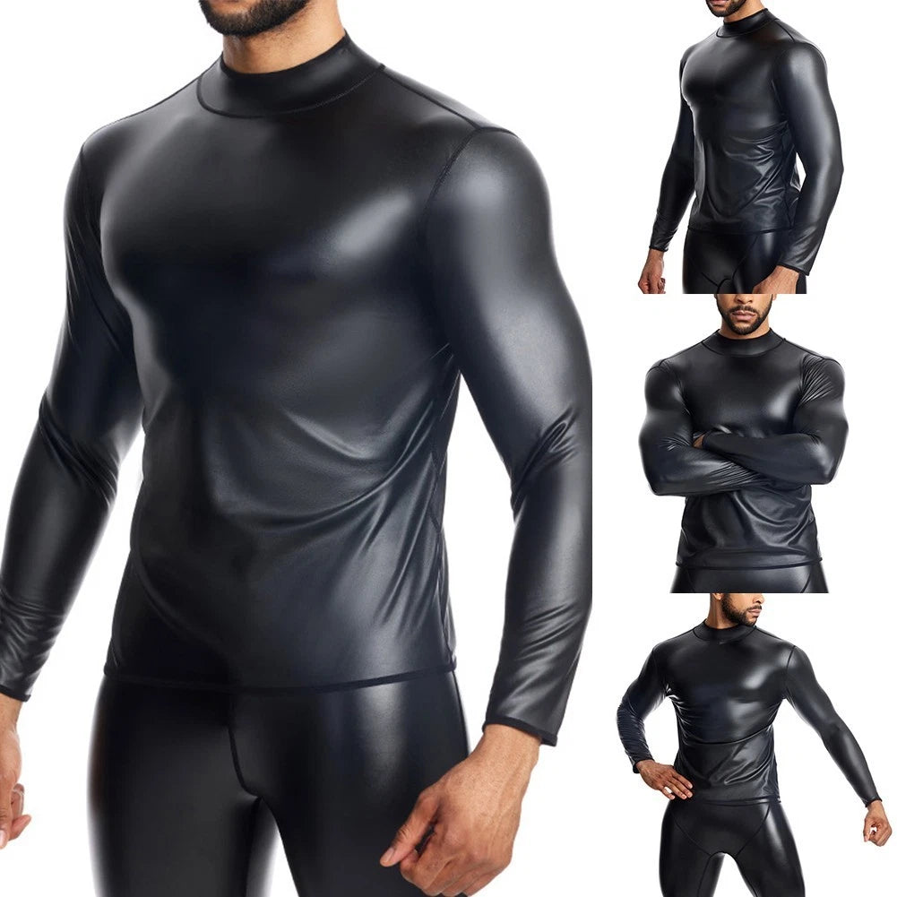 New Men's Sexy Club Nightclub Leather Slim Long Sleeve Casual T-Shirt Tops