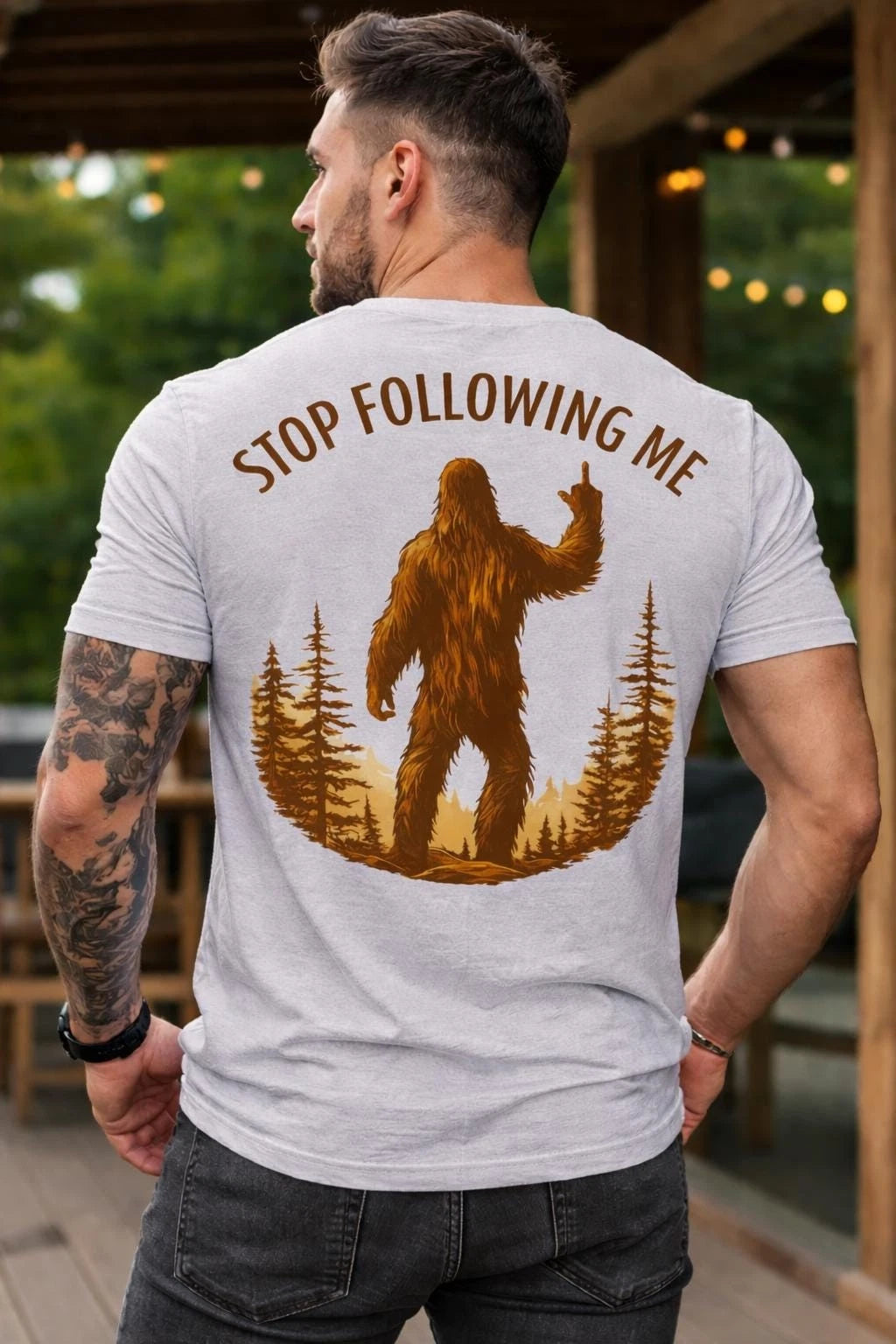 Sarcastic Bigfoot Shirt Stop Following Me Tee, Rude Sasquatch Back Print Shirt,