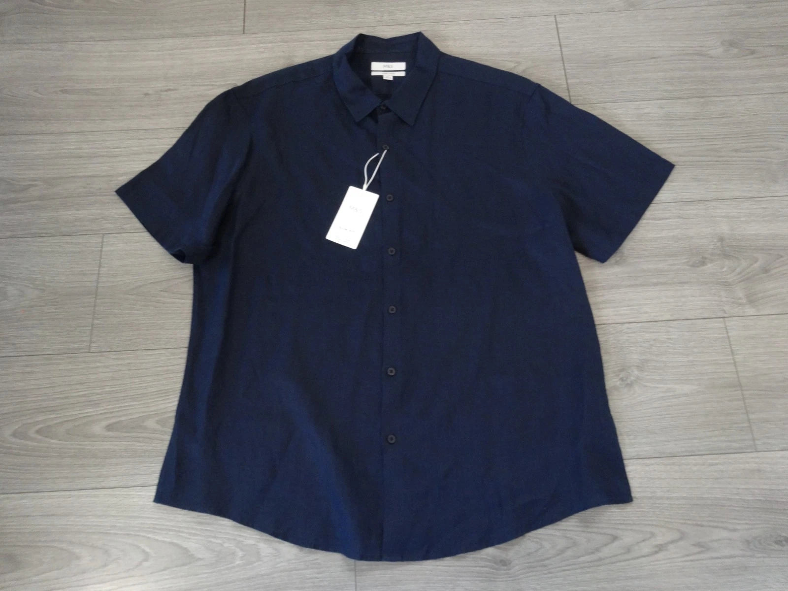 M&S MARKS & SPENCER NAVY BLUE SLIM FIT PURE LINEN SHORT SLEEVE SHIRT SIZE 2XL