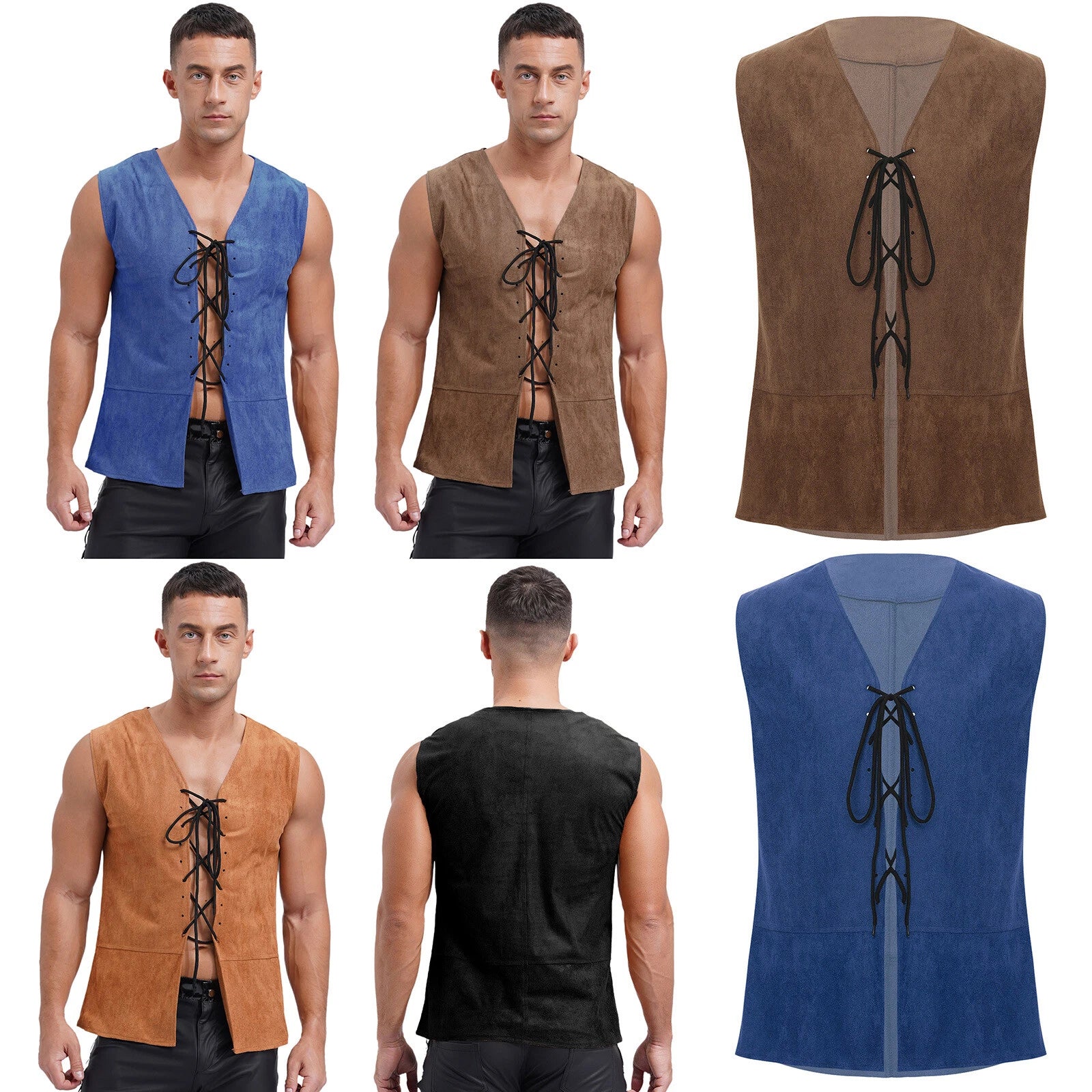 Men's Top Medieval Vest V Neck Waistcoat Disco Blouse Viking Crop Tops Gothic