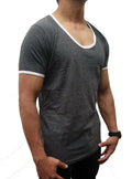 MENS SCOOP NECK T SHIRT CONTRAST CHARCOAL GREY SLIM FIT CASUAL GYM FASHION