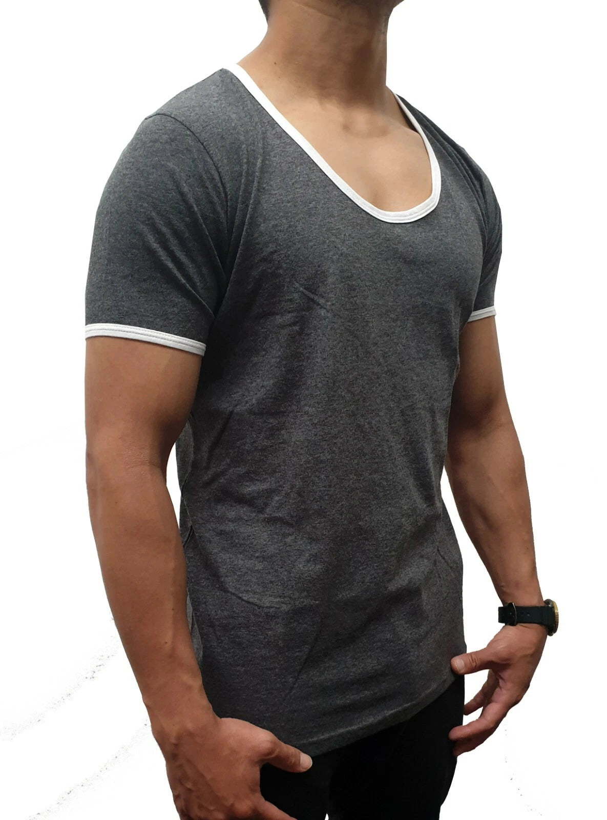 MENS SCOOP NECK T SHIRT CONTRAST CHARCOAL GREY SLIM FIT CASUAL GYM FASHION