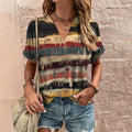 Women Retro T Shirt V Neck Stripe Print Short Sleeve Harajuku Streetwear