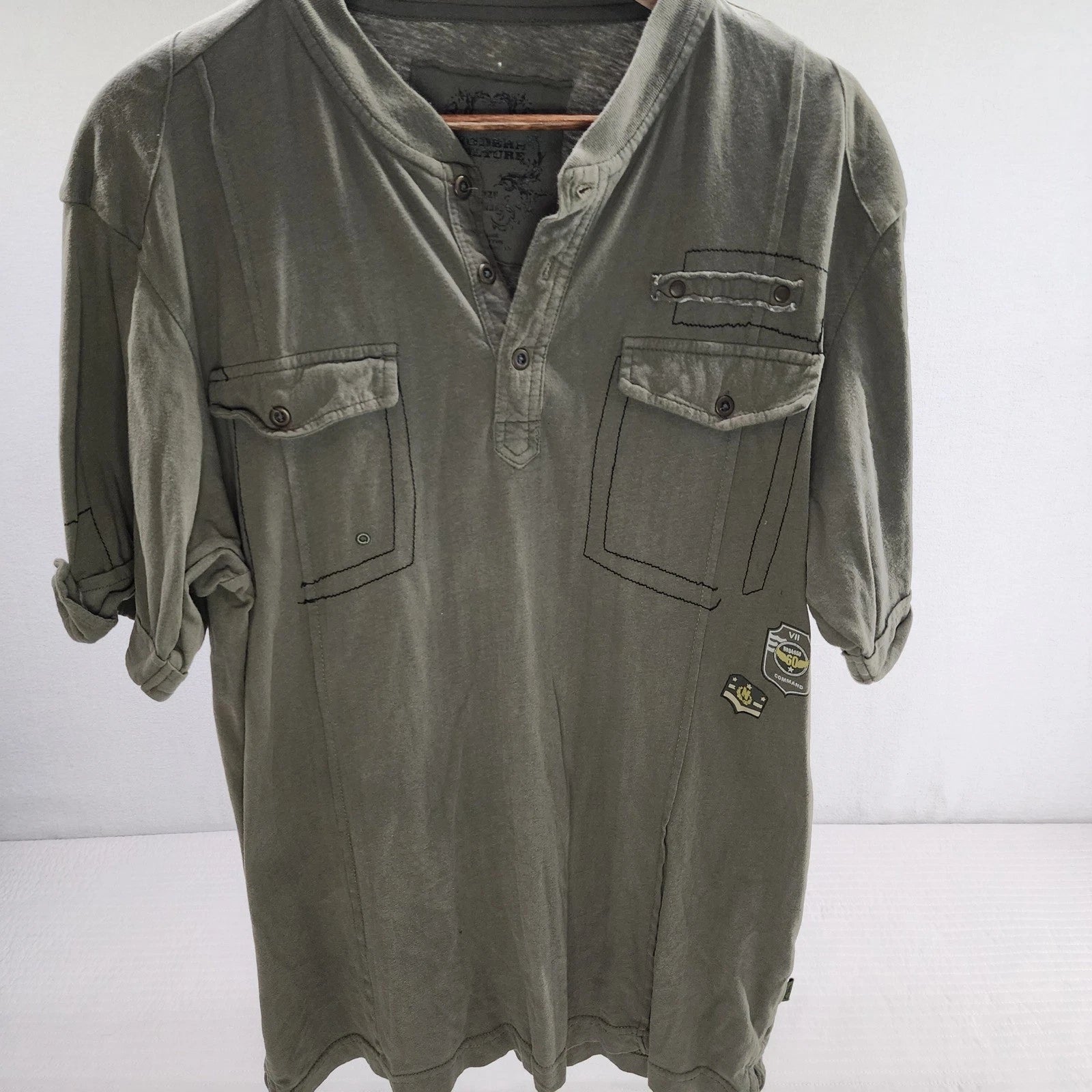 Modern Culture Mens Olive Green Henley Shirt Patches Pockets Extra Large XL