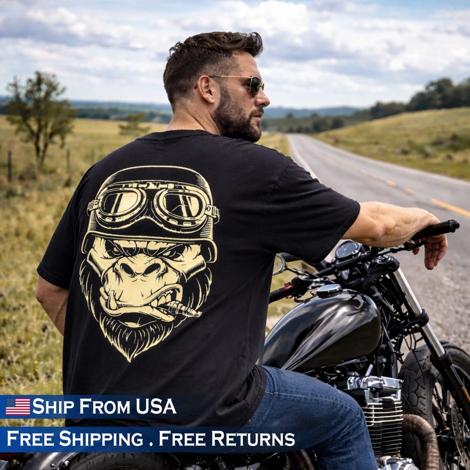 Men’s Oversized T-Shirt Gorilla Biker Graphic Print Streetwear Loose Fit Tshirt
