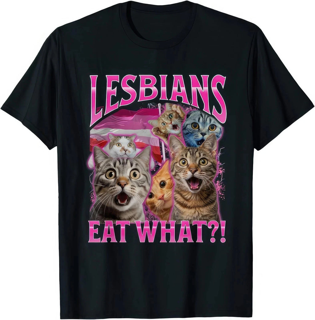 Lesbians Eat What T-Shirt Funny Cat Meme Graphic Tee Vintage Bootleg Style UK