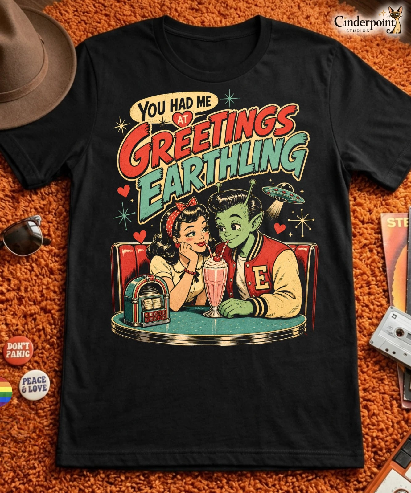 You Had Me At Greetings Earthling T-Shirt Alien Rockabilly Retro Date Tee XS-5XL