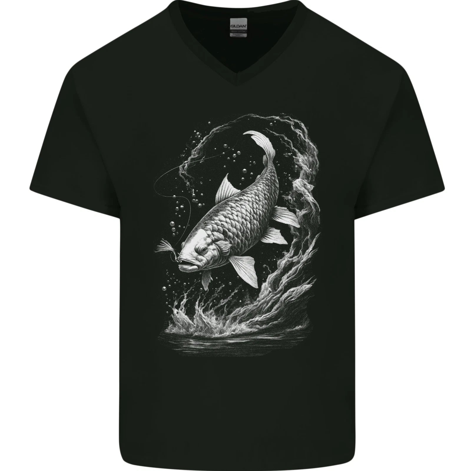 Carp Fish on a Line Fishing Fisherman Mens V-Neck Cotton T-Shirt