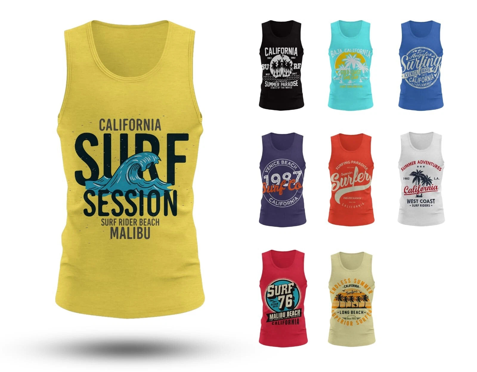 Big Size Mens Vests Cotton Retro Vintage Surf Print Sleeveless Tops 2XL - 7XL