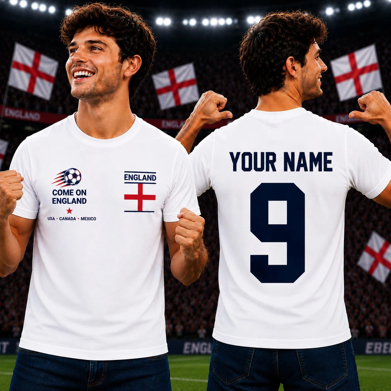 Personalised Come On England Football T Shirt Custom Name Number Fan Tee