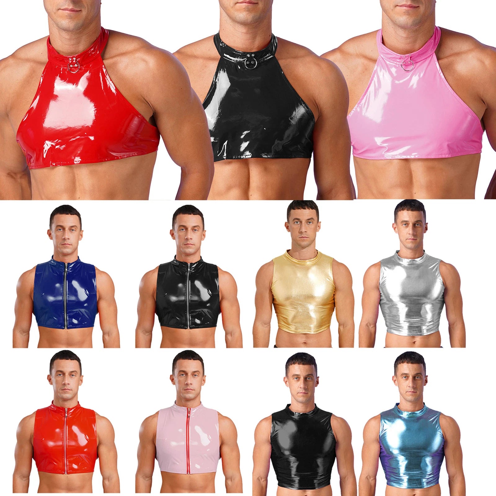 UK Mens Glossy Cropped Vest Wet Look Patent Leather Crop Top Shirt Clubwear Tee