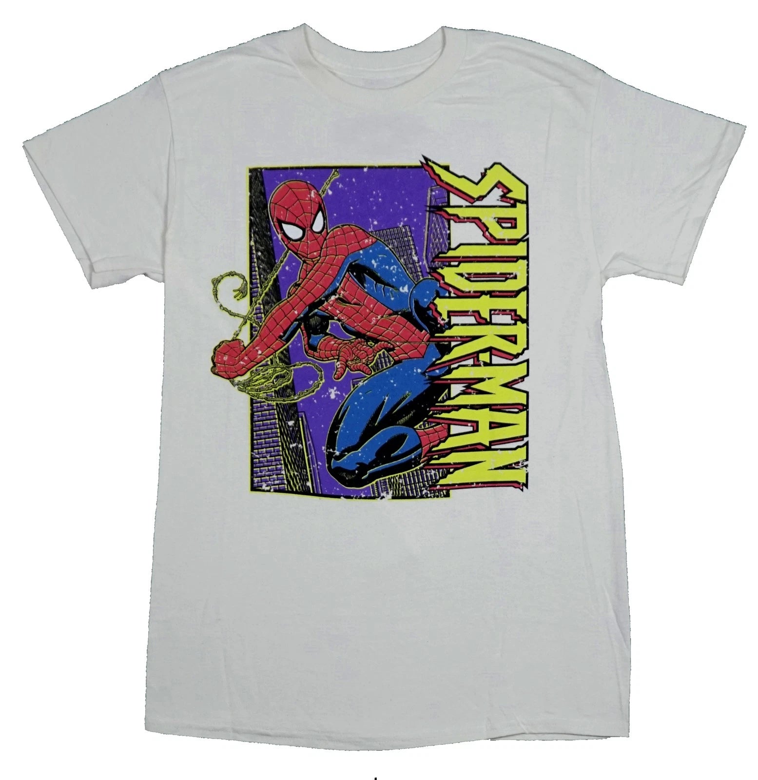 Spider-man New Adult T-Shirt - Flying In Purple City Vertical Logo