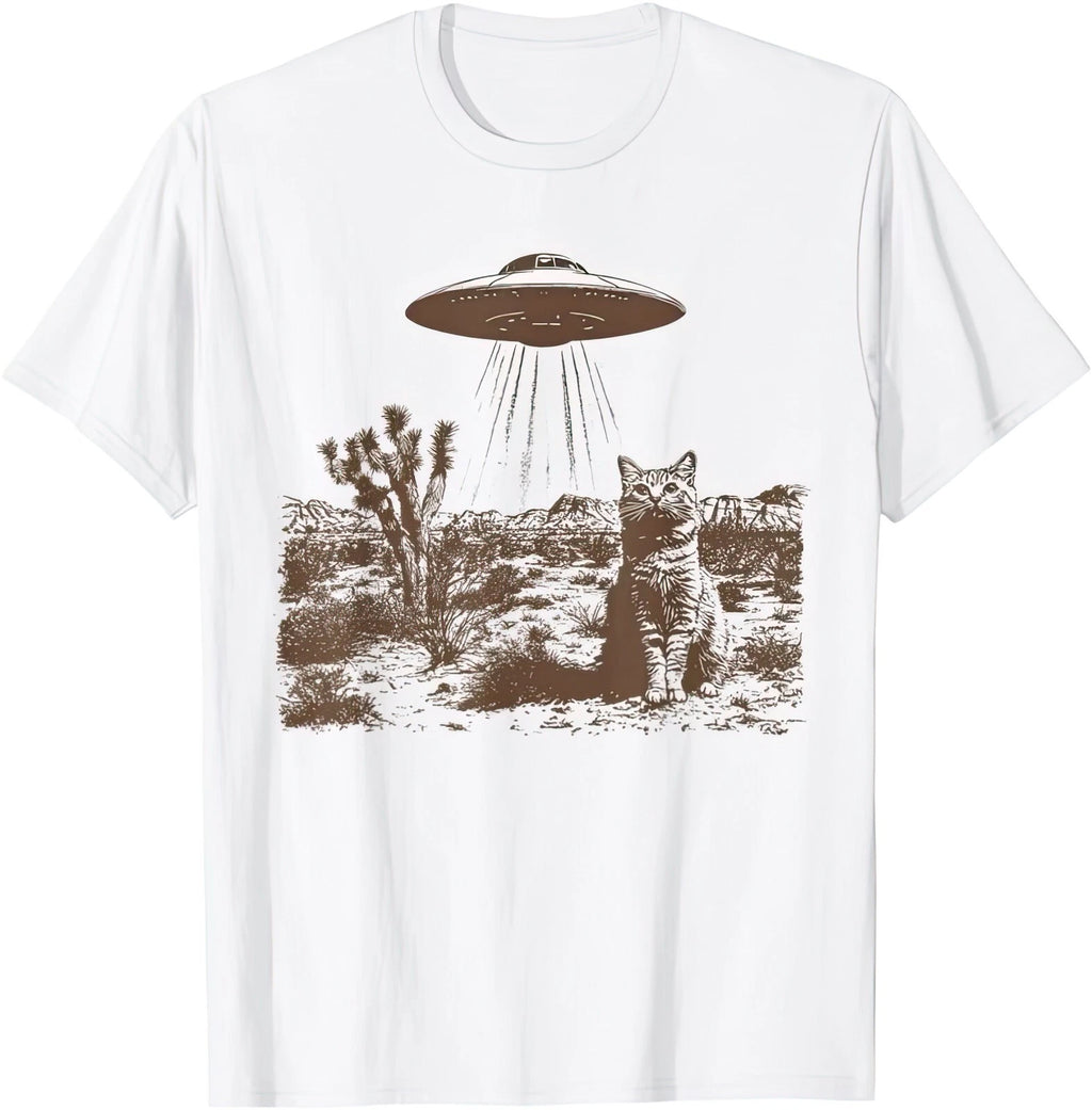 Retro 90's Western UFO Spaceship Cowboy Cat Wild West Kitten T Shirt