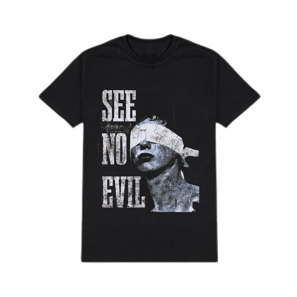 See No Evil Graphic Tee – Vintage Grunge Streetwear Black T-Shirt for Men