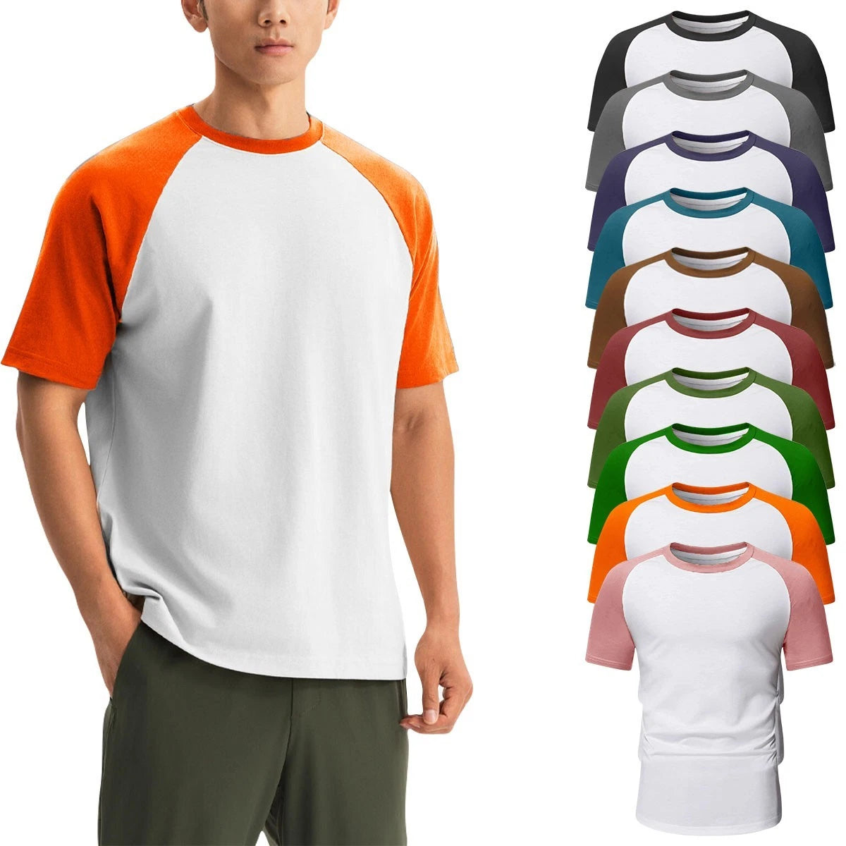 Mens Short Sleeve T Shirt Raglan FOLT Contrast Baseball 100% Cotton New Tee Tops