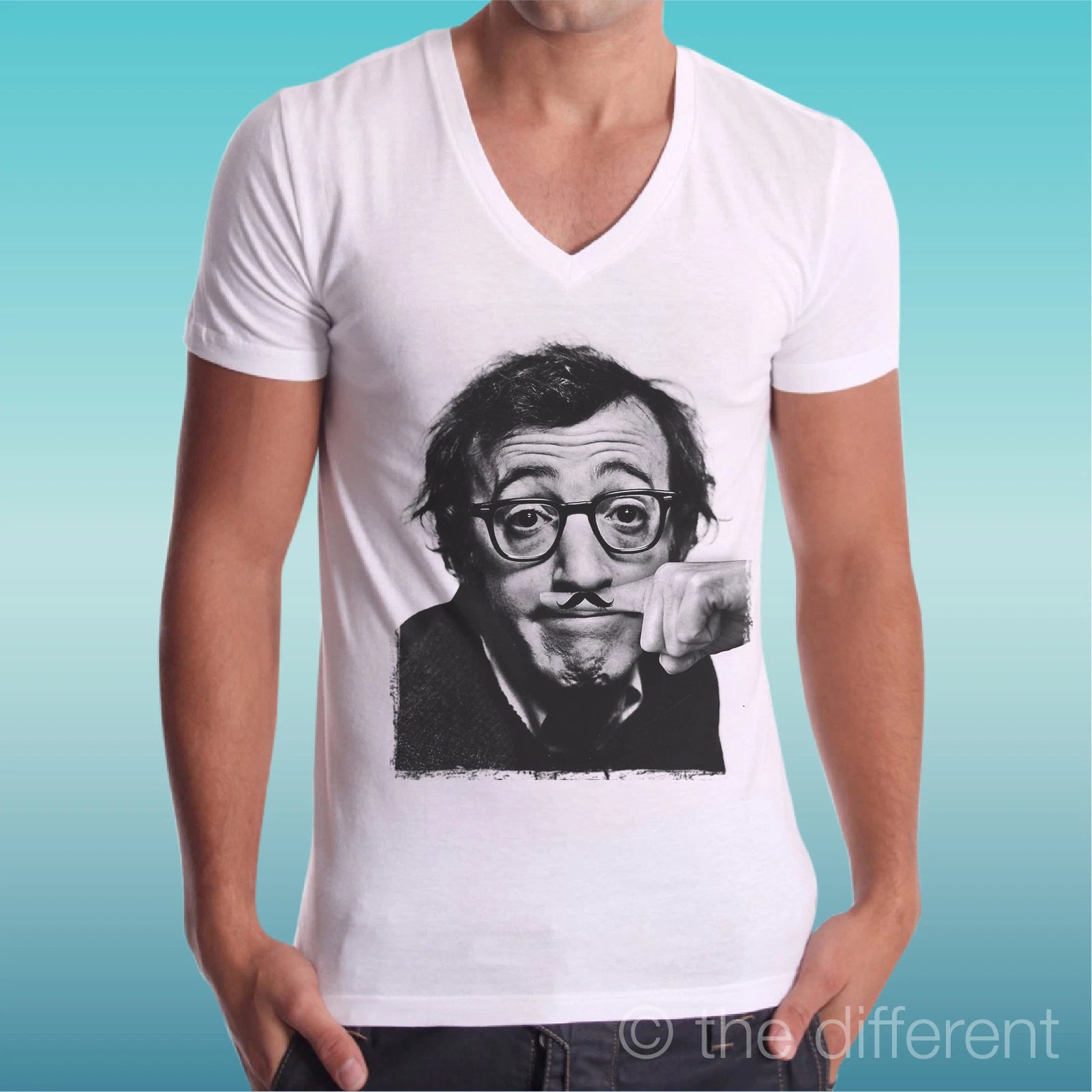 T-shirt Man V Neck " Woody Allen Funny Finger Mustache " Gift Idea