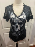 Women V Neck Shirt Short Lace Sleeve Sz XL Black Graphic Skull