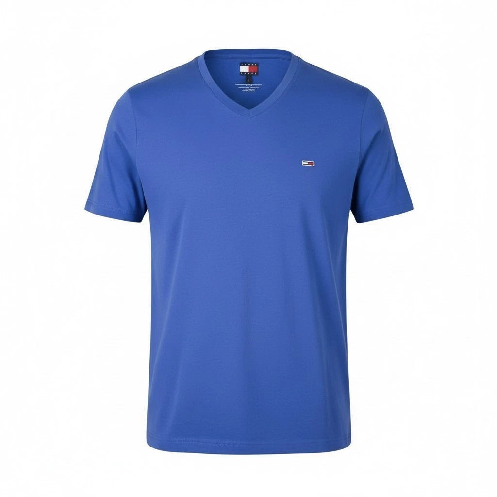 Tommy Jeans Slim Jasper Men’s T-Shirt L Blue Melange V-Neck Tricot Short Sleeve