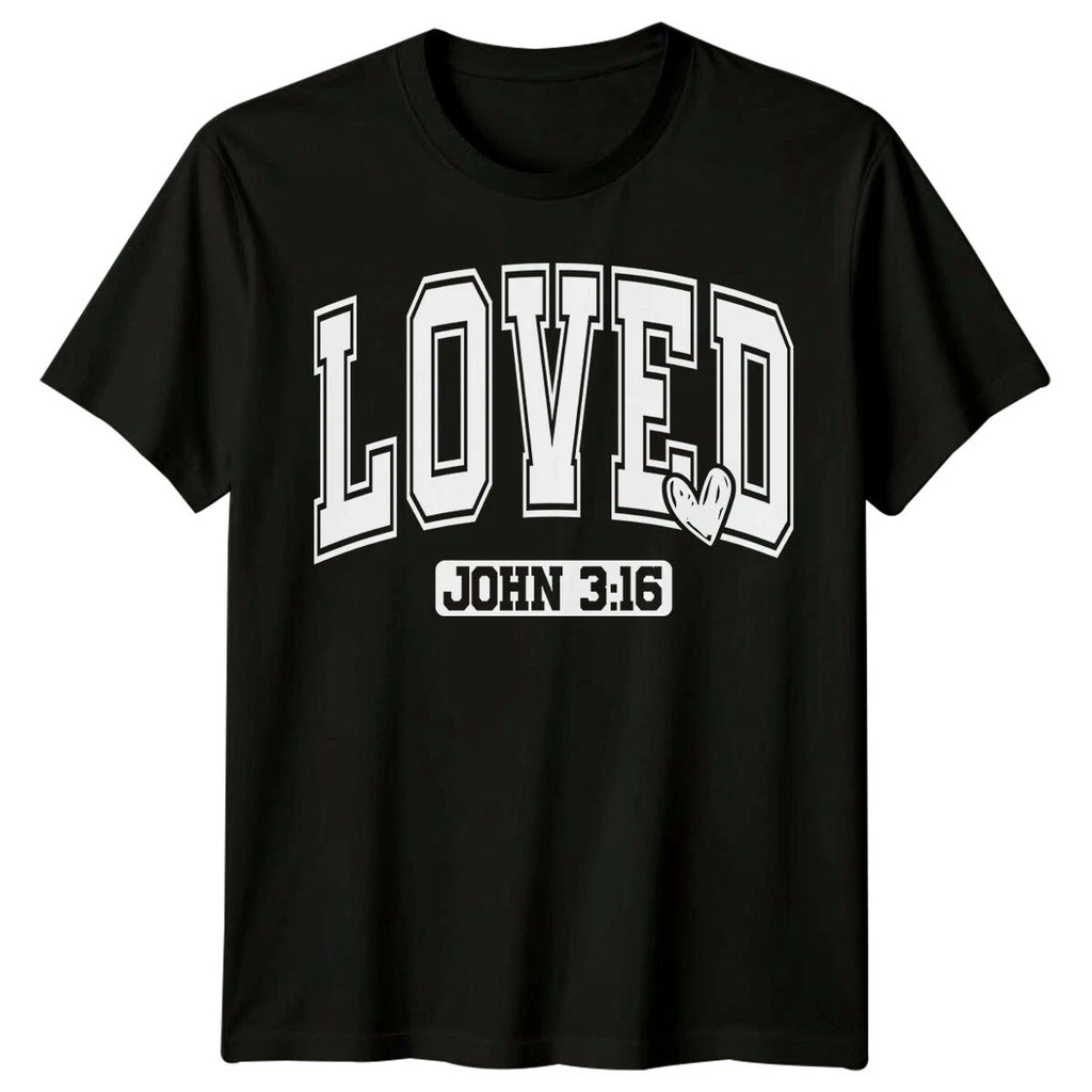 Loved John 3:16 Varsity Style Christian Faith Graphic T-Shirt