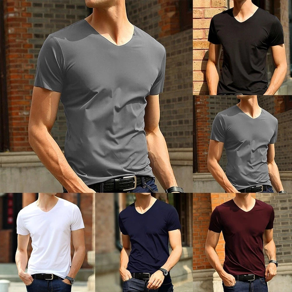 Japan Short Sleeve Men's Tee Stylish V neck Ice Silk T shirt without Tracks