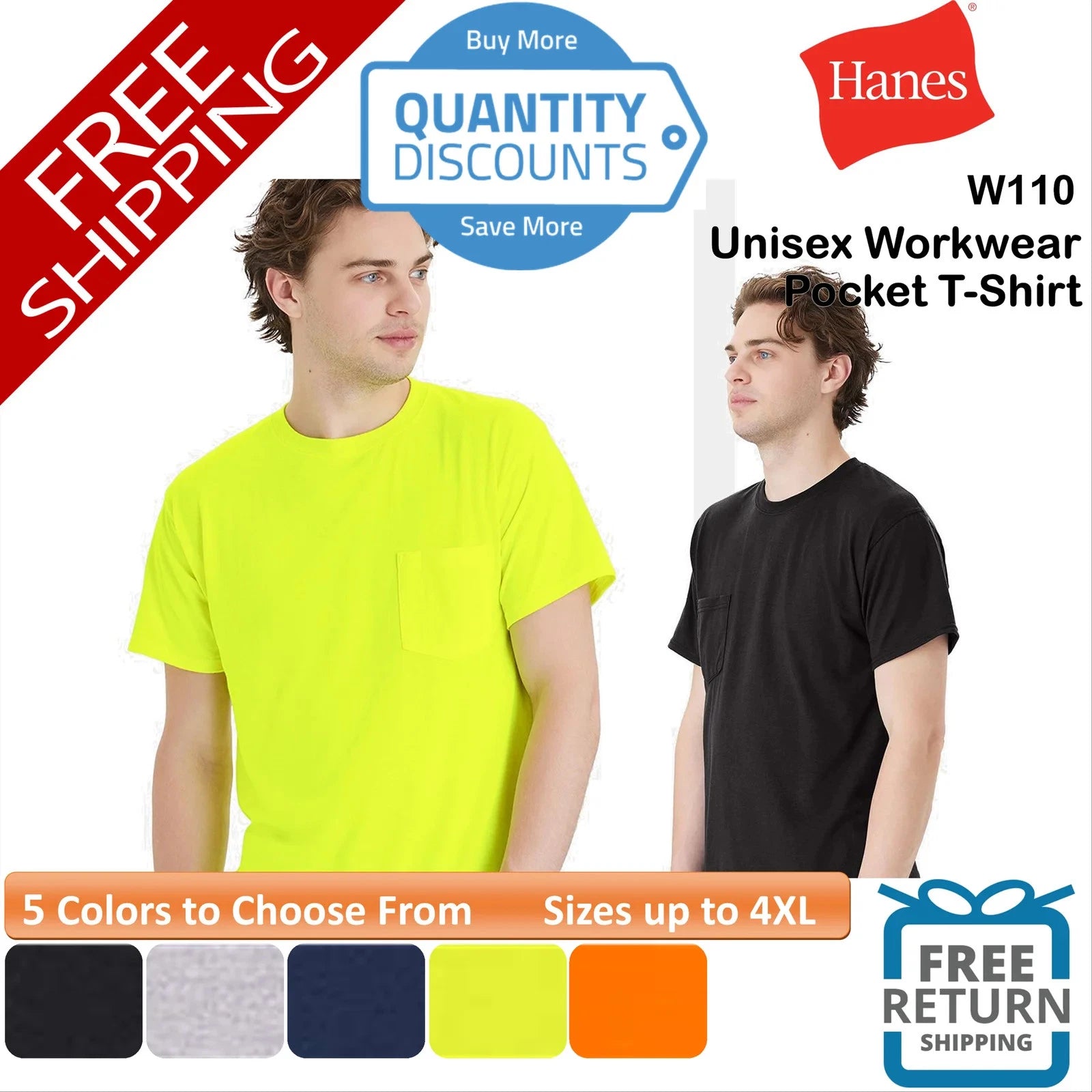 🔥 Hanes Unisex Workwear Short Sleeve Blend Pocket T-Shirt Up To 4XL W110