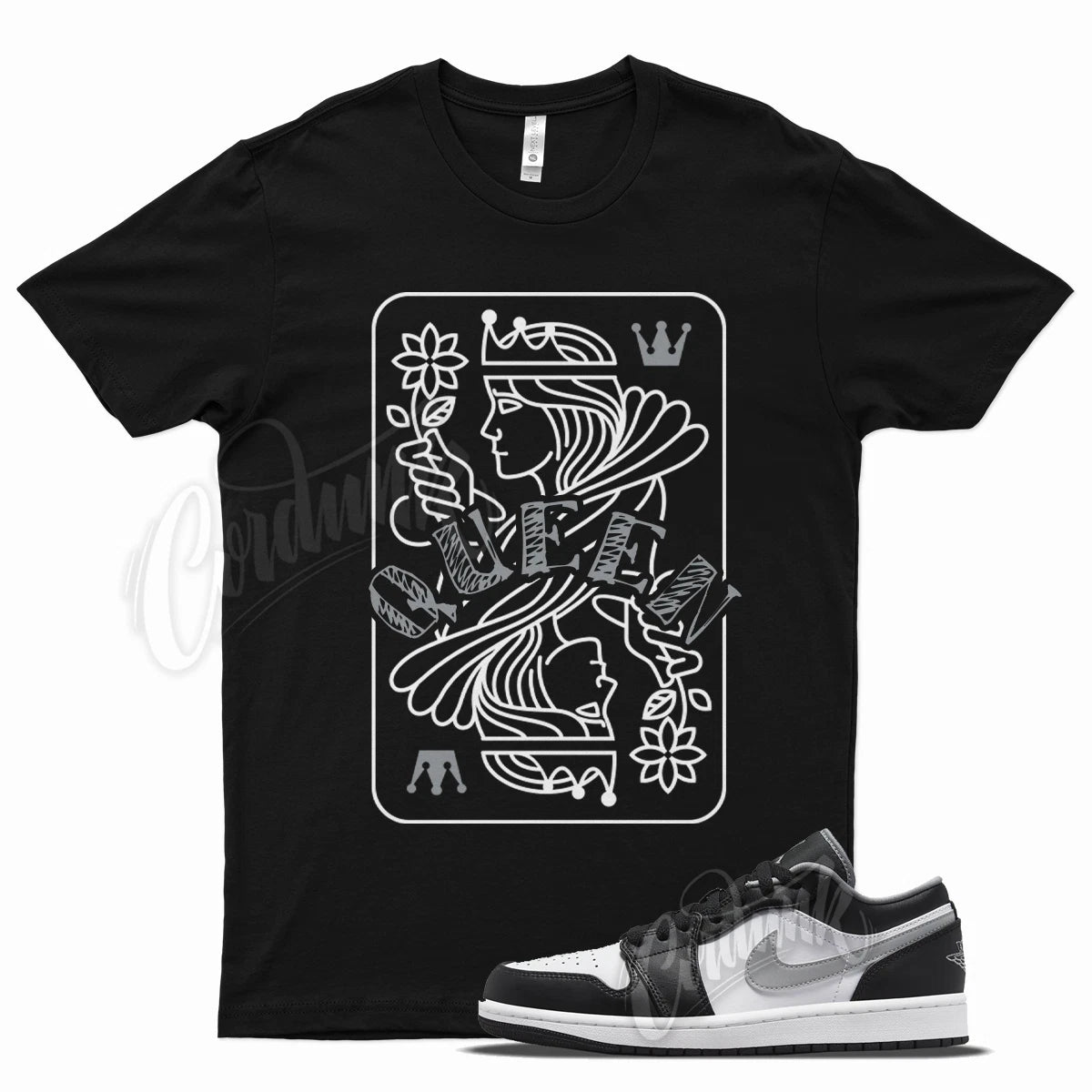 Black QUEEN T Shirt for Air J1 1 Low Black White Particle Grey