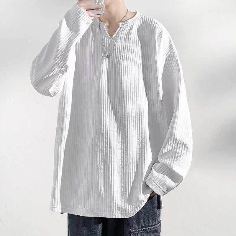 Men Striped Drop Shoulder Tee Shirt Long Sleeve T Shirt V Neck Tops Blouse Loose