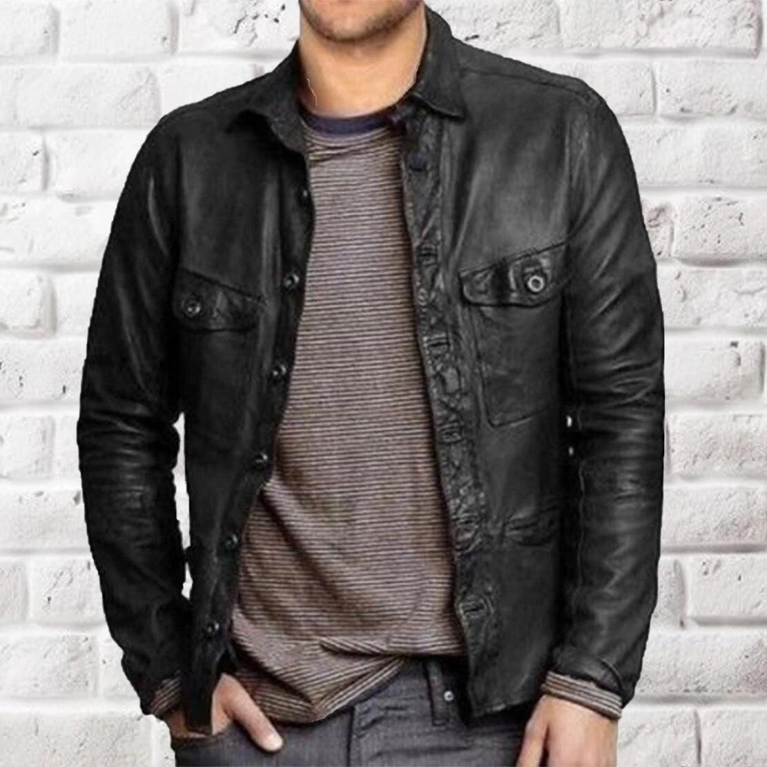 New Men’s Slim Fit Black Lambskin Leather Shirt Jacket Genuine Soft Touch
